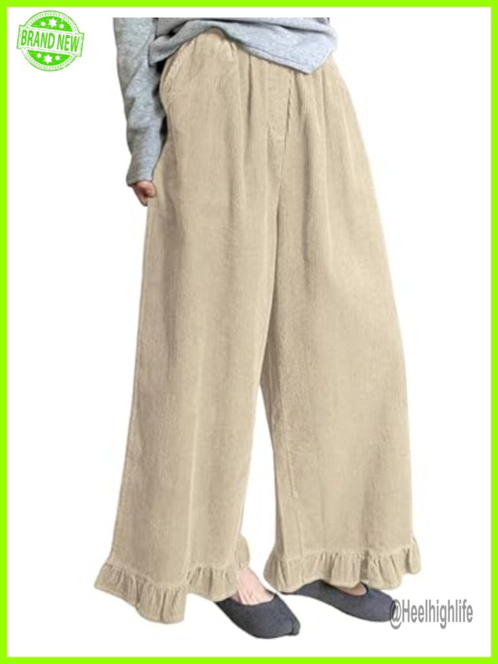 Corduroy Wide Leg Ruffled Hem Elastic Waist Lounge Pants Pockets